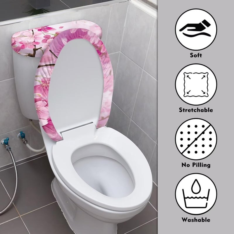 CREAMIC Cherry Blossom Toilet Tank Lid Cover and Toilet Seat Lid Cover with Elastic Bottom Toilet Covers 2 Pieces Set Universal Fit Toilet Top Covers Home Indoor Decoration - Image 3